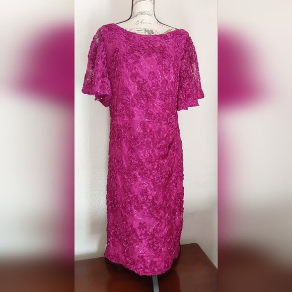 Jessica Howard Magenta/Fuchsia Sequined Soutache Lace Sheath Dress, size 16 - Picture 5 of 16